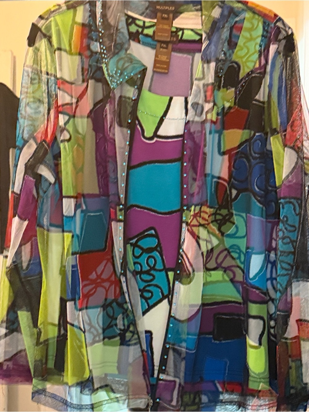 Multiples Multicolor Sheer Abstract Zip Bomber with Bead Trim